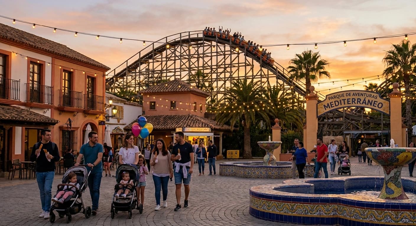 Berg-och-dalbana och parkområde i Spanien med palmträd, sol och familjer på Costa Blanca och i storstadsparker