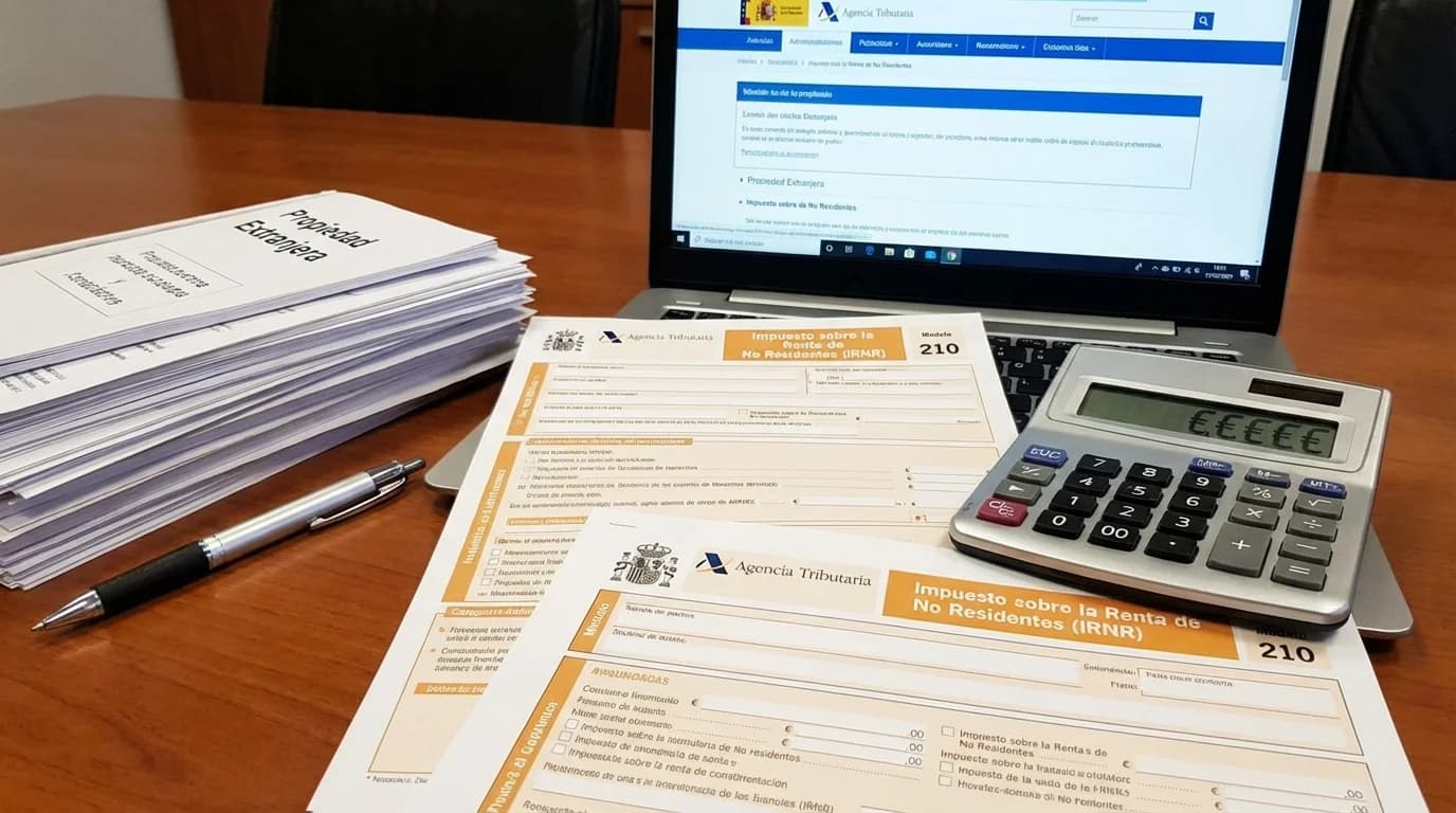 Skatteformulär Modelo 210 och miniräknare på skrivbord med utsikt över spansk medelhavskust, Costa Blanca