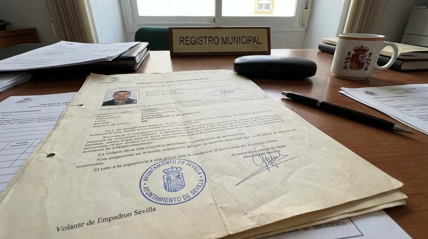 Certificado de empadronamiento-dokument på ett skrivbord vid ayuntamiento i Torrevieja, Spanien