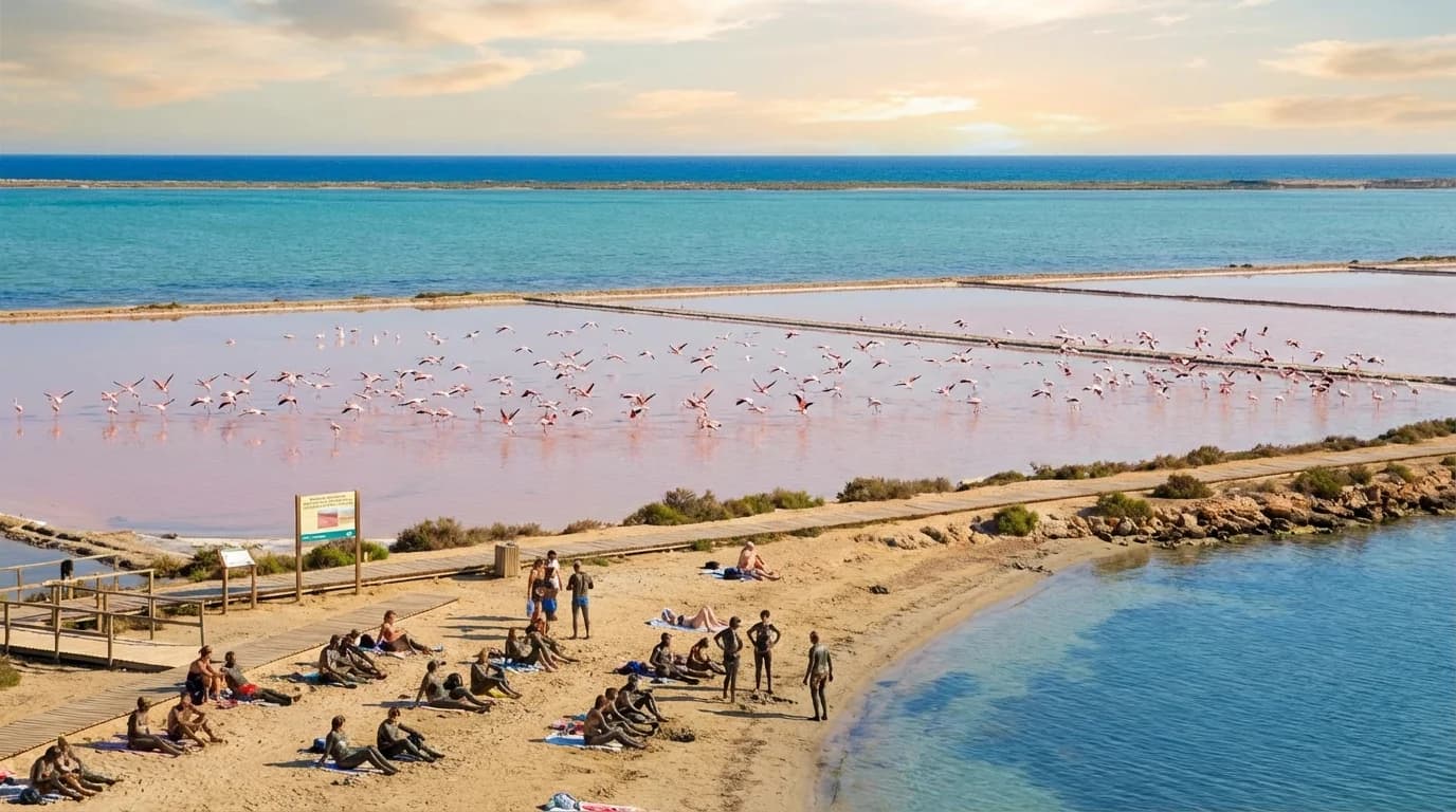 Flamingos i saltsjöarna vid Parque Regional de las Salinas i San Pedro del Pinatar, Costa Cálida, Murcia, Spanien