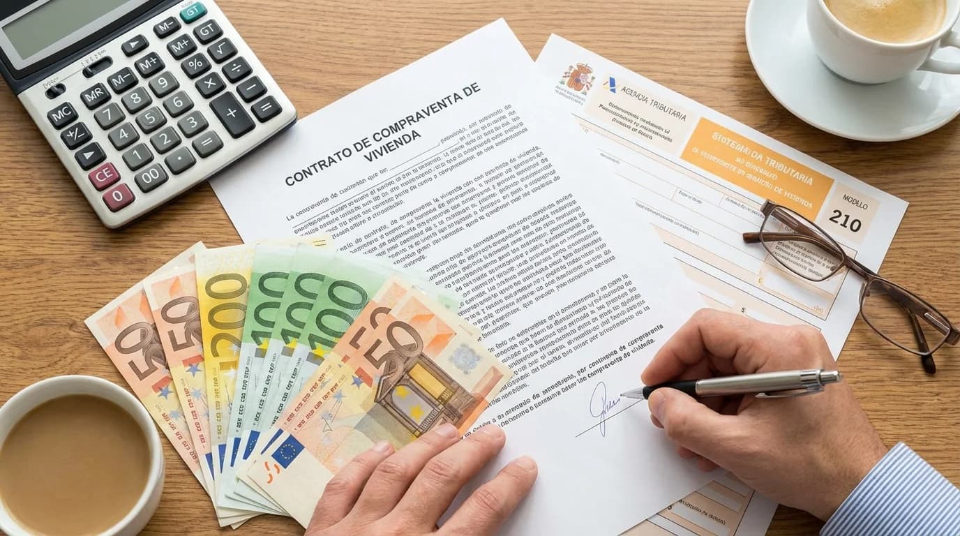 Spanska skatteformulär och nycklar på marmorbord vid bostadsförsäljning i Spanien, Costa Blanca
