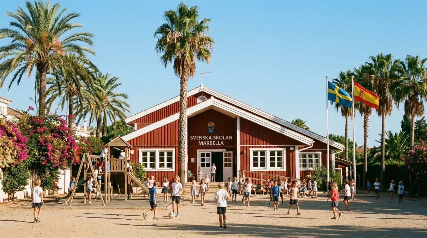 Barn i skoluniform framför en internationell skola med palmträd på Costa Blanca, Spanien