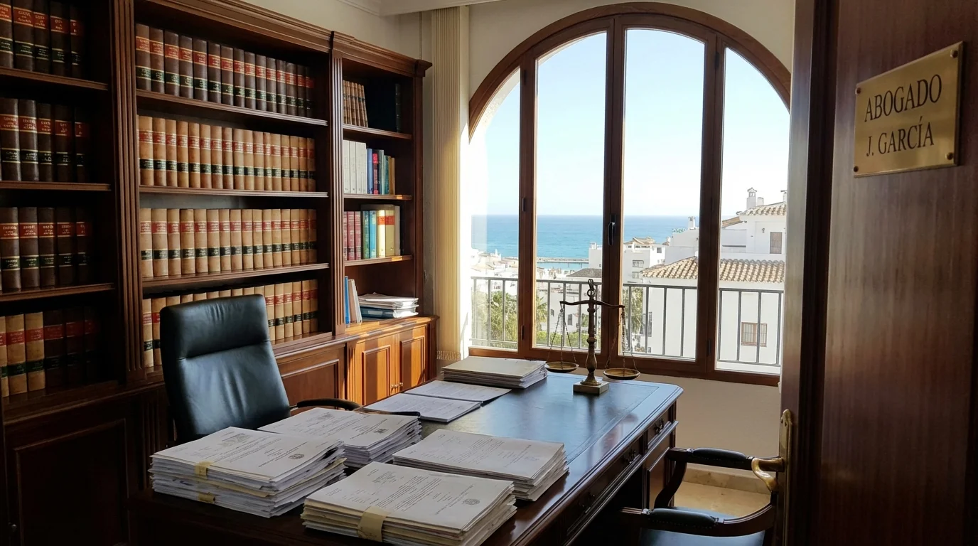 Spansk advokat granskar köpehandlingar med klient vid kontorsbord, Costa Blanca