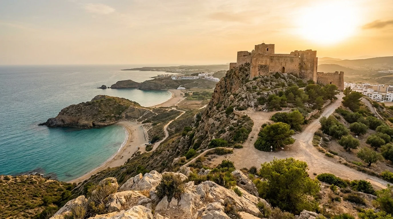 Vy över Águilas kustlinje med Castillo de San Juan på klippan, turkost Medelhav och fiskebåtar i hamnen, Costa Cálida, Murcia