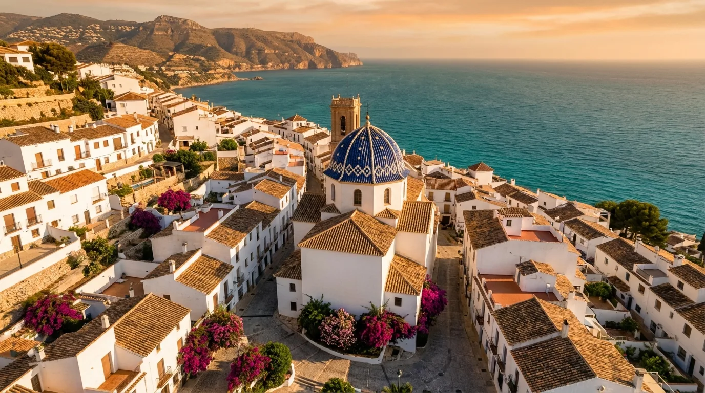 Alteas gamla stad med vita hus och den ikoniska blå kyrkokupolen på Nuestra Señora del Consuelo, Costa Blanca