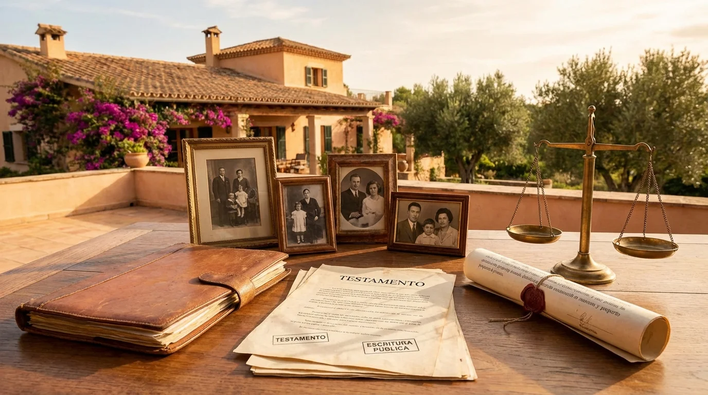 Spanskt testamente och juridiska dokument på notaries skrivbord med utsikt över medelhavskusten