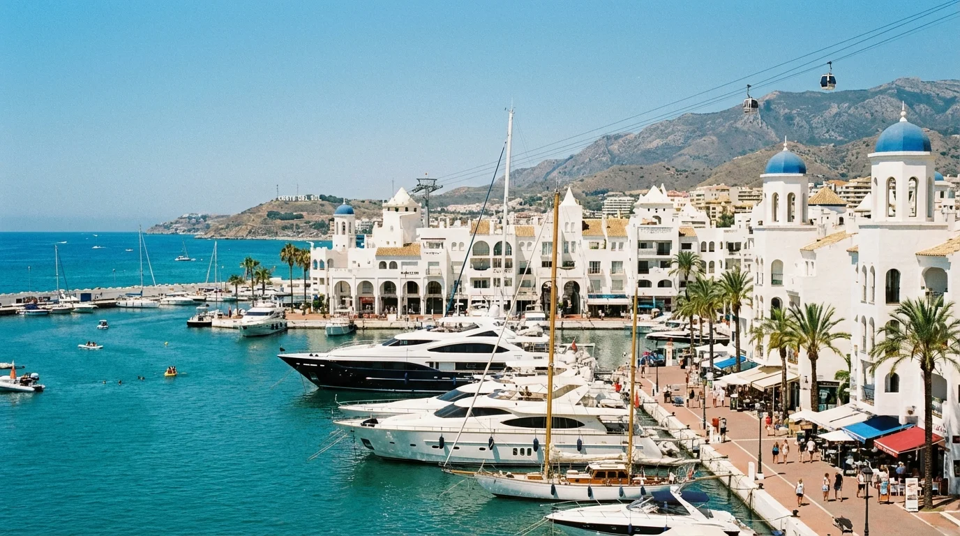 Puerto Marina i Benalmádena med lyxiga yachter, vit moorisk arkitektur och Medelhavet, Costa del Sol