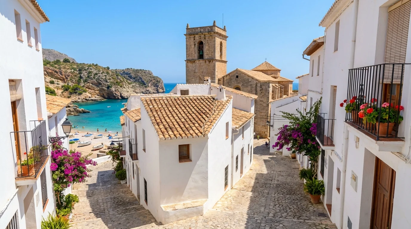 Benissas gamla stad med stenlagda gator, medeltida fasader och kyrkan La Purisima i bakgrunden, Costa Blanca