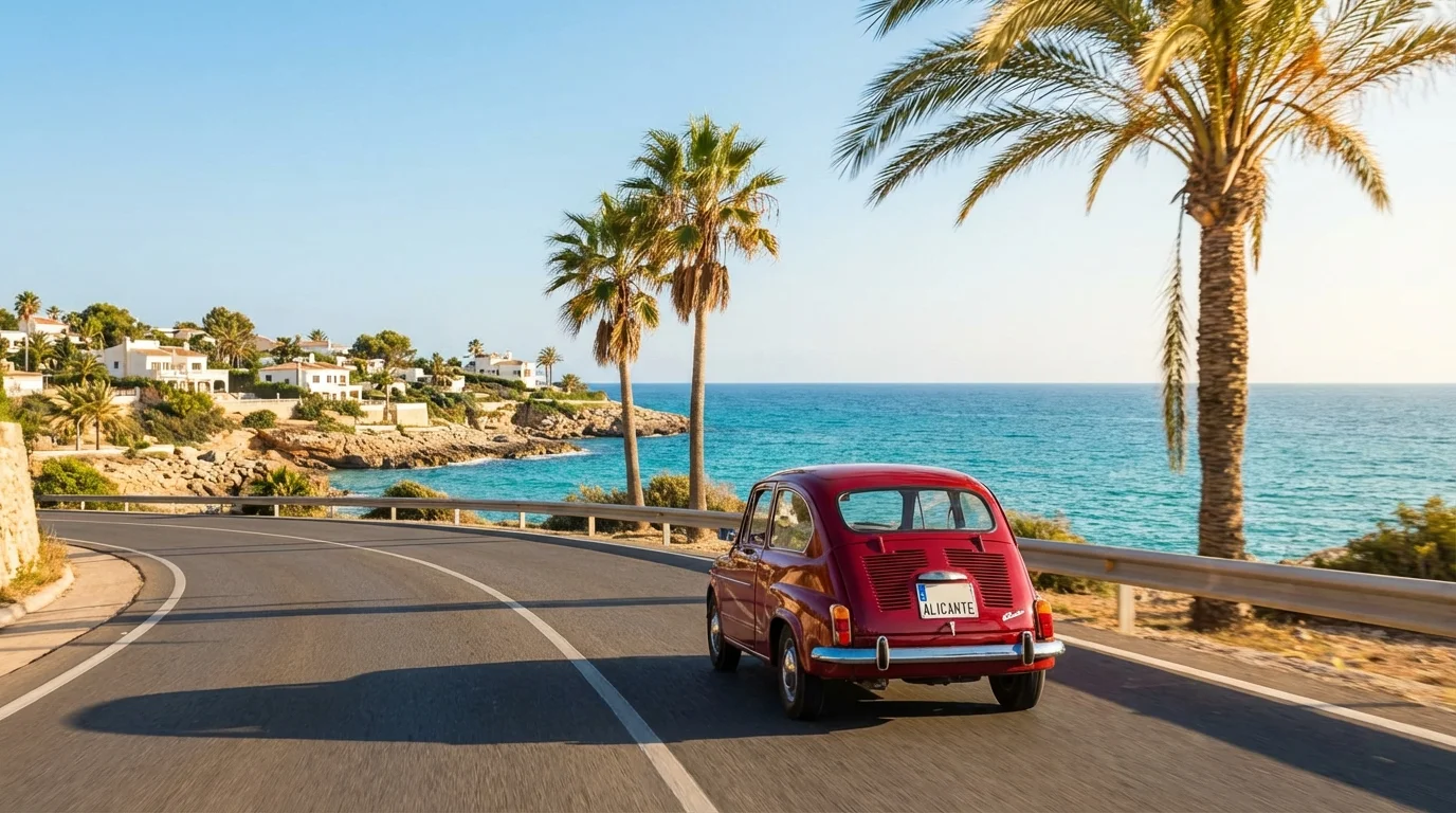 Svensk bil parkerad vid Medelhavskusten i Spanien med palmträd och blå himmel