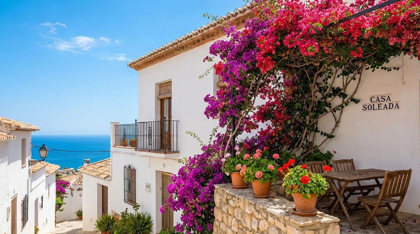 Vitkalkat radhus med terrass och bougainvillea i spansk kuststad, Costa Blanca