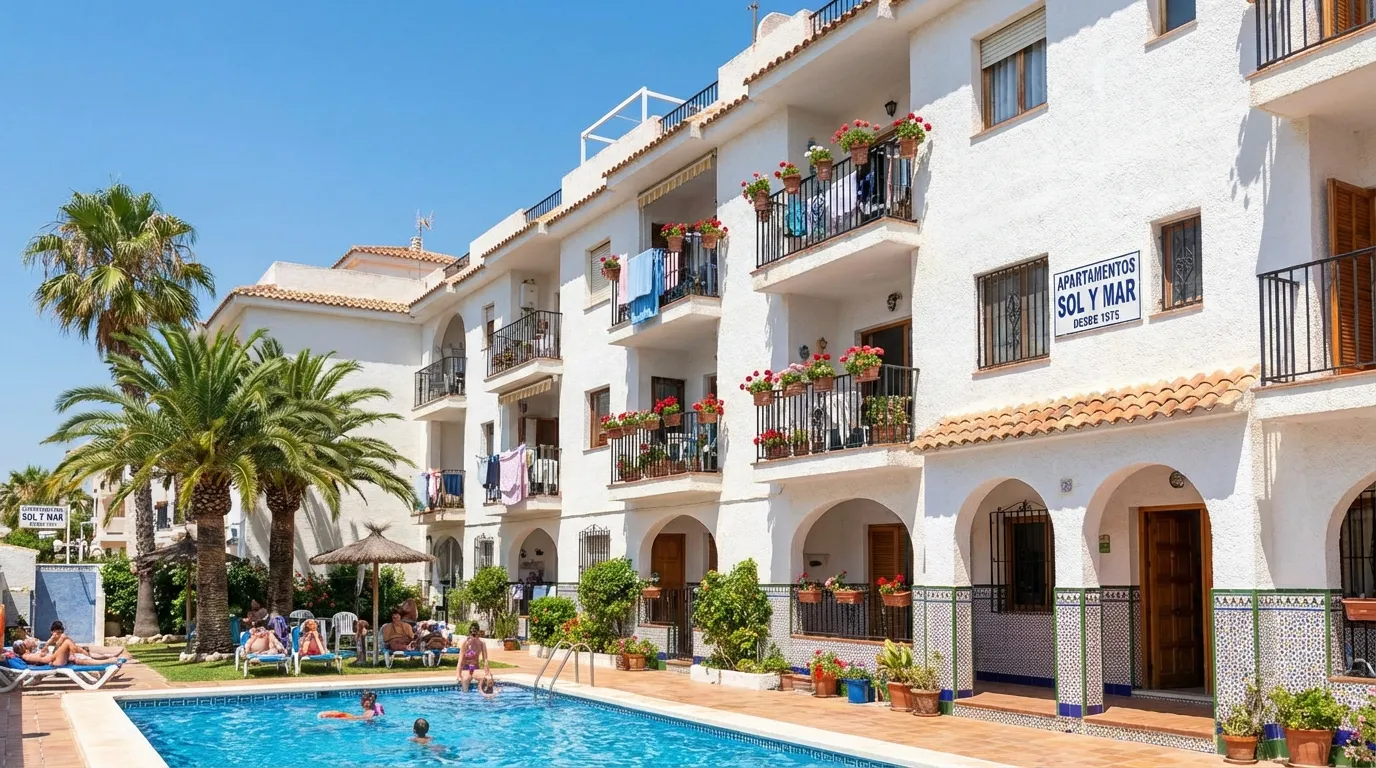 Prisvärt spanskt lägenhetskvarter med vita fasader, balkonger och gemensam pool i Torrevieja, Costa Blanca