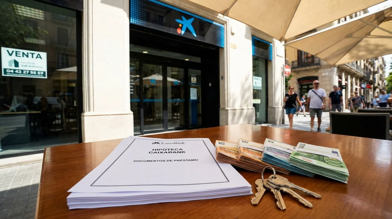 Spanskt bolånedokument och nycklar på skrivbord framför vit medelhavsvilla med pool, Costa Blanca