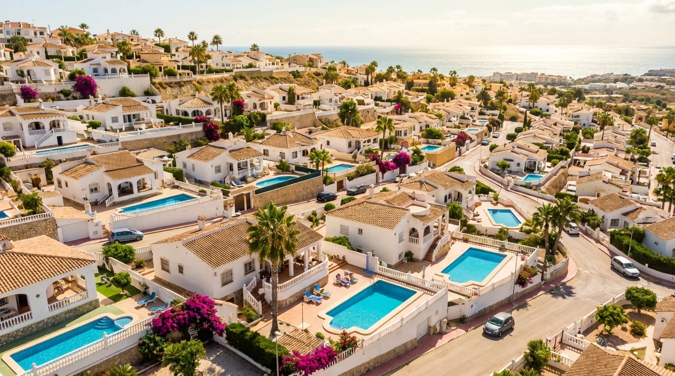 Utsikt över Ciudad Quesada med vita villor, pooler och gröna palmer i Rojales kommun, Alicante, Spanien