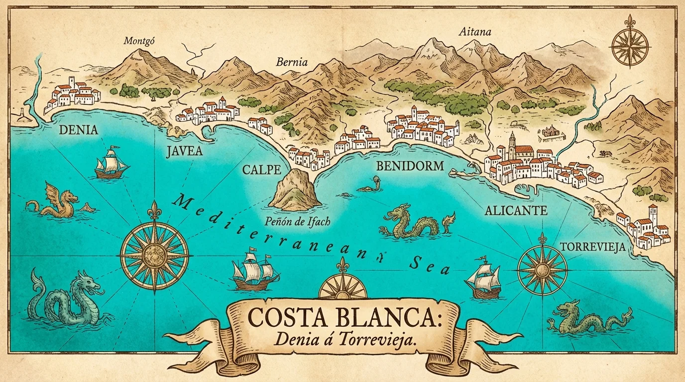 Karta över Costa Blanca med kustlinjen från Dénia i norr till Pilar de la Horadada i söder, Alicante-provinsen