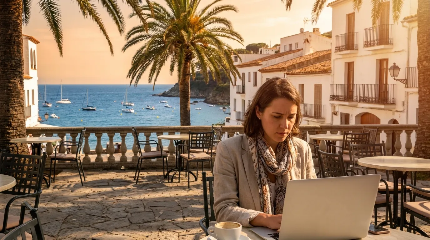 Distansarbetare med laptop vid utecafé med utsikt över Medelhavet i Spanien