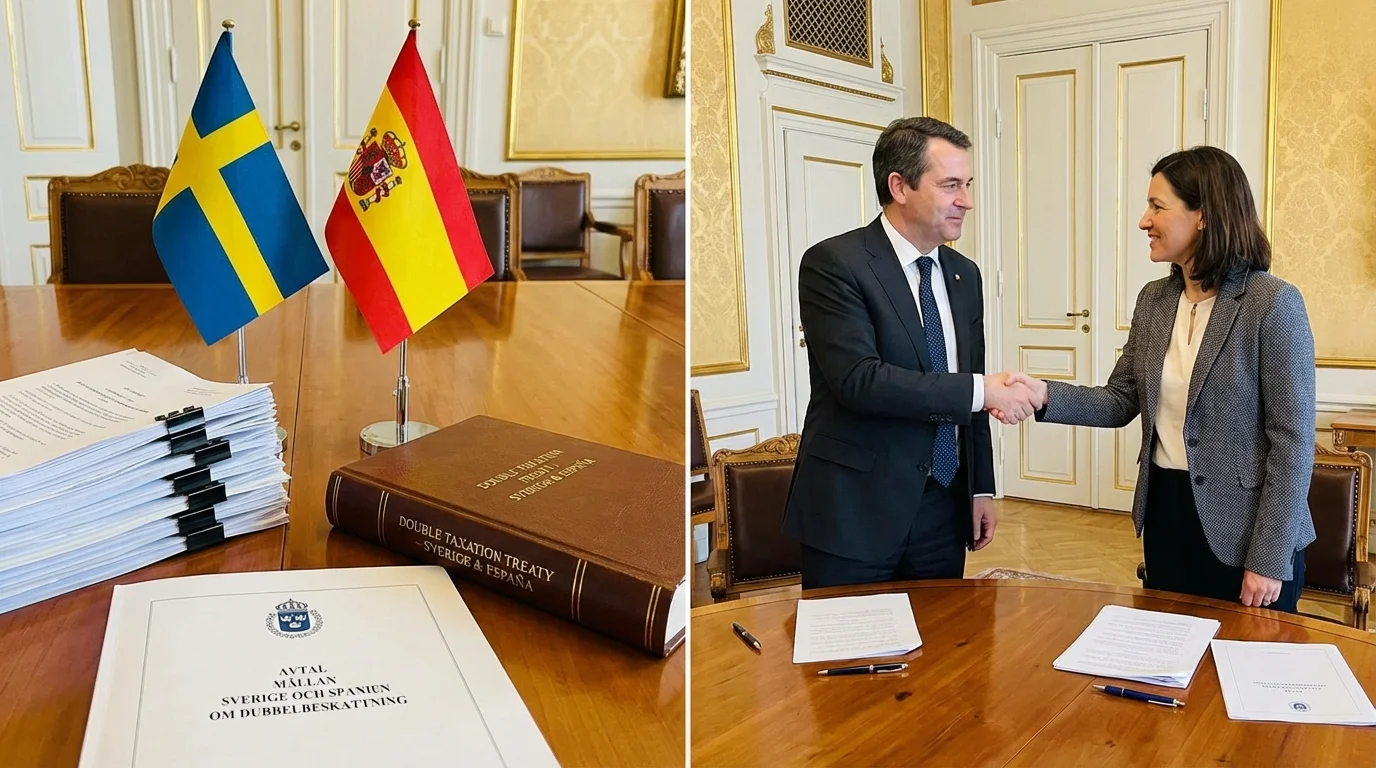 Svensk och spansk flagga bredvid skattehandlingar och miniräknare på skrivbord, symboliserande dubbelbeskattningsavtalet