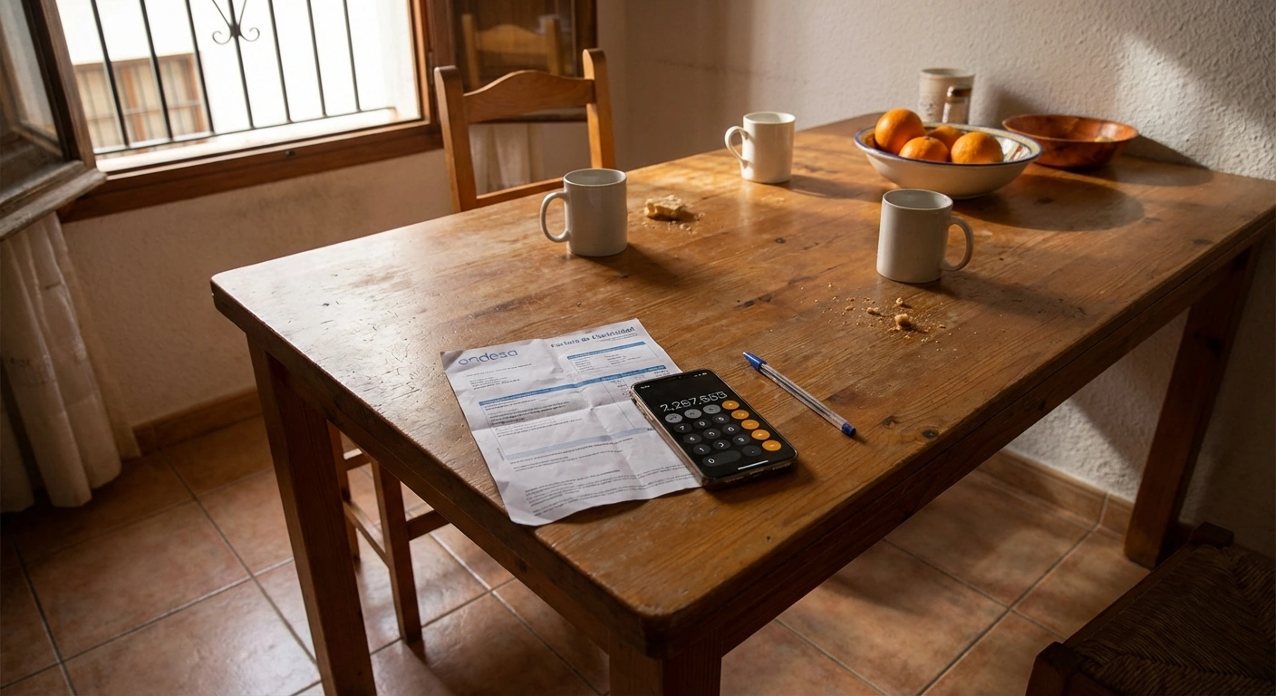 Elräkning, elmätare och nycklar på köksbord i lägenhet i Alicante, Spanien