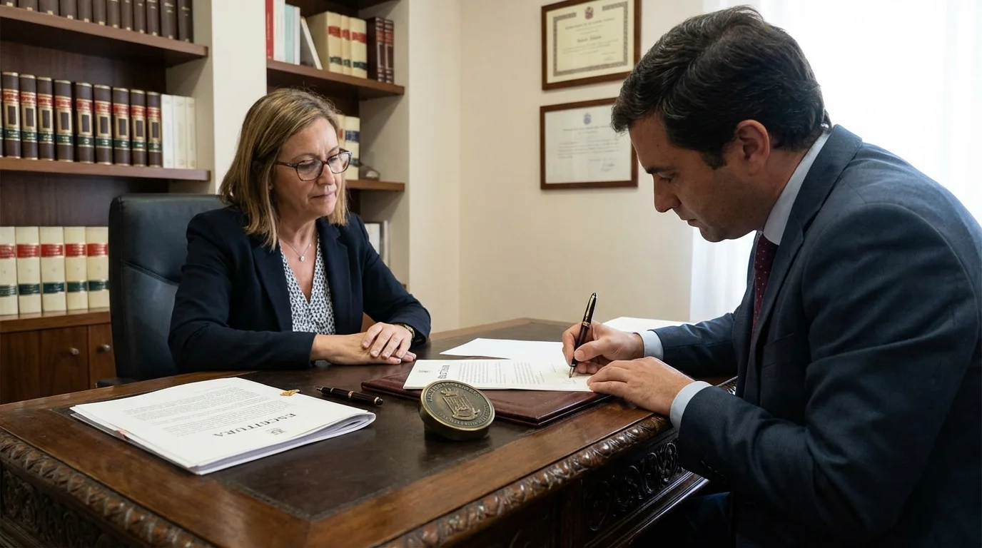 Escritura-dokument och penna på spanskt notariekontor med lagfartsstämpel, Costa Blanca