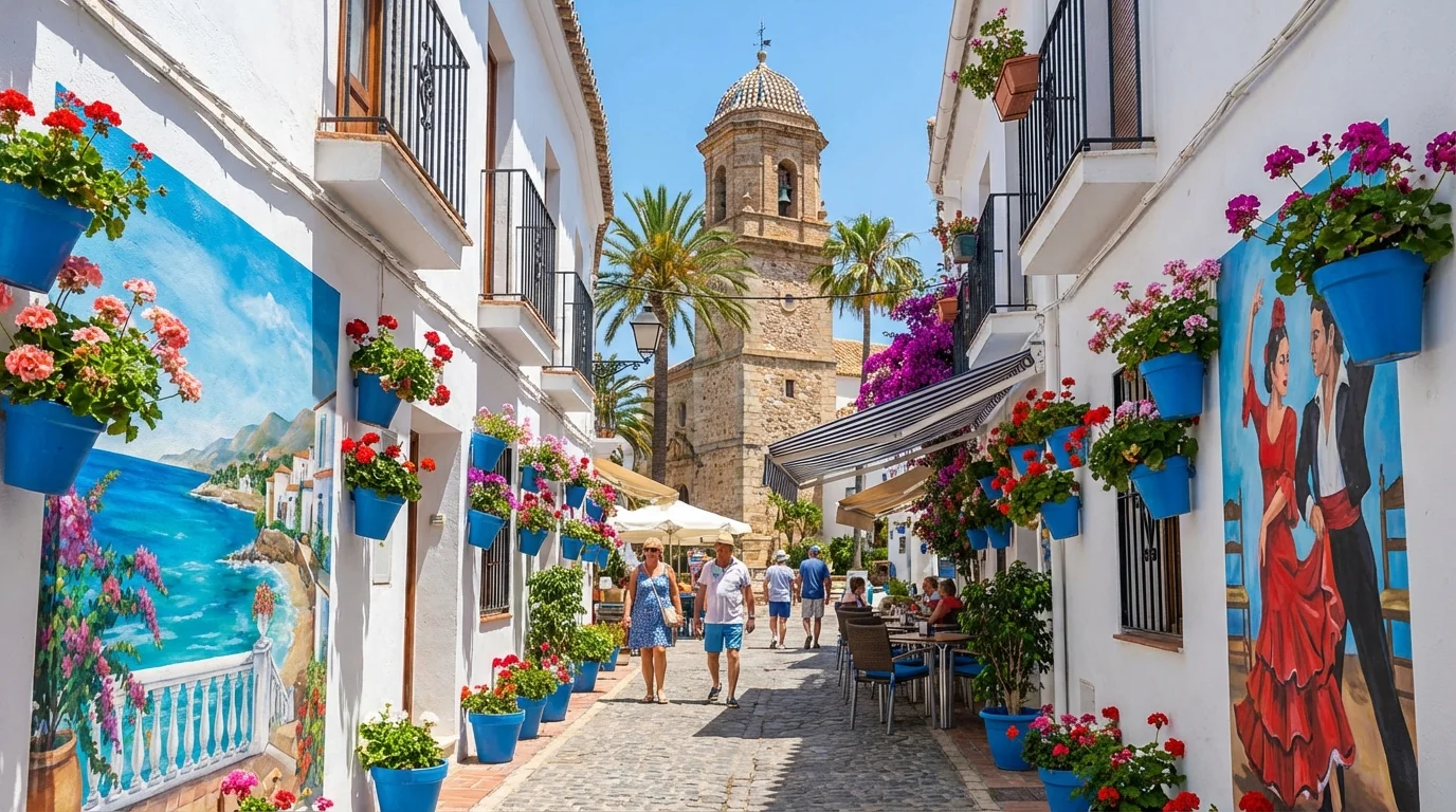 Esteponas gamla stad med blomsterklädda gator, färgglada muraler på vita väggar, kyrktorn och medelhavsatmosfär, Costa del Sol, Spanien