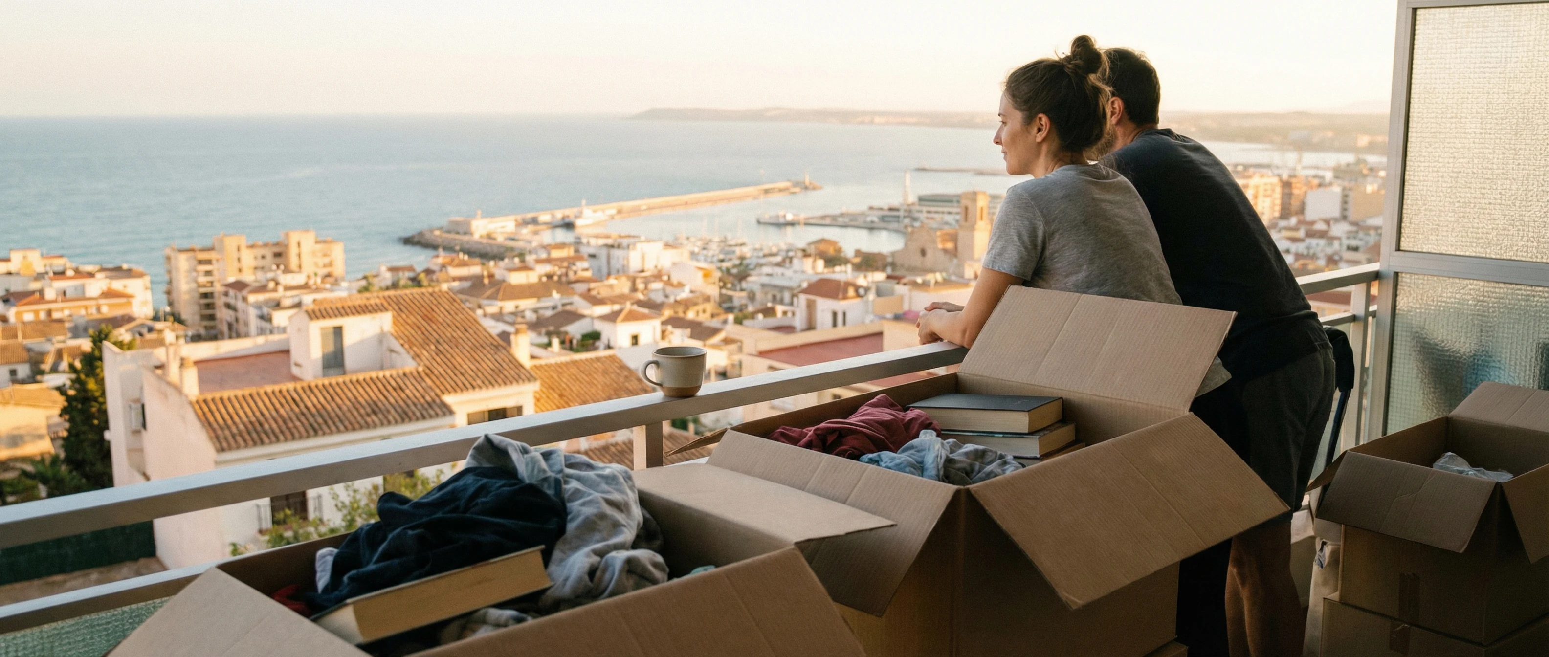 Flyttkartonger och kaffe på balkong med utsikt över spansk kuststad i morgonljus