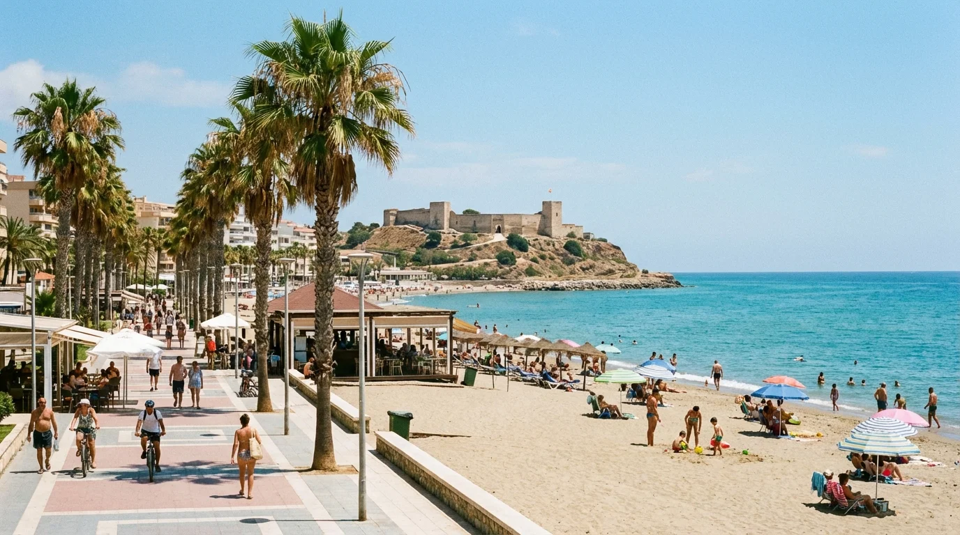 Fuengirolas strandpromenad med palmträd, sandstrand och Castillo Sohail i bakgrunden, Costa del Sol
