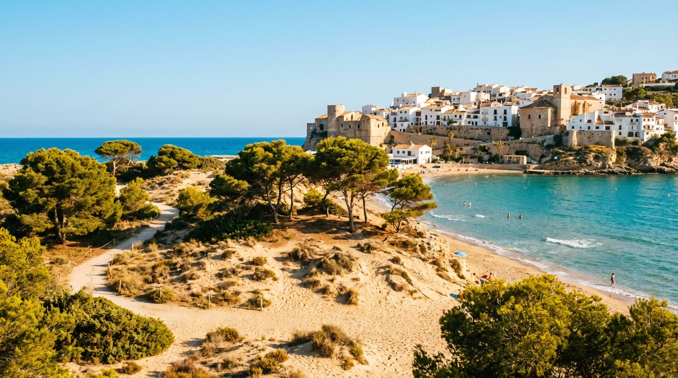 Flygvy över Guardamar del Segura med sanddyner, pinjeskog, guldstrand och Medelhavet, Costa Blanca, Spanien