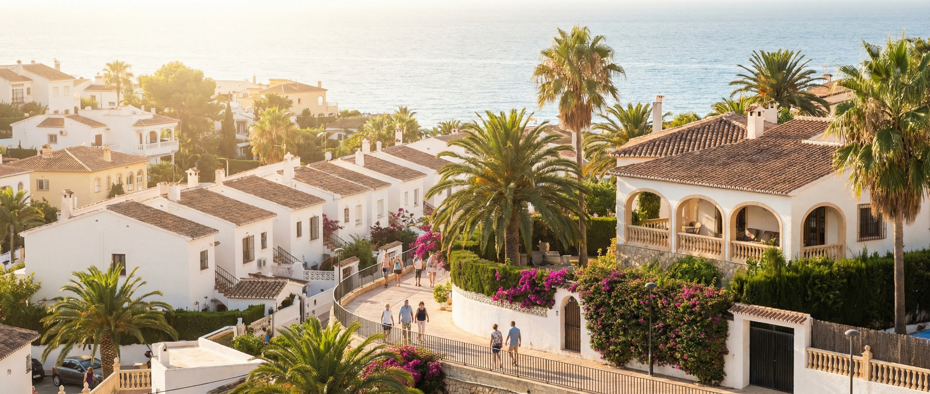 Villor och radhus i ett spanskt bostadsområde nära Medelhavet på Costa Blanca, Spanien