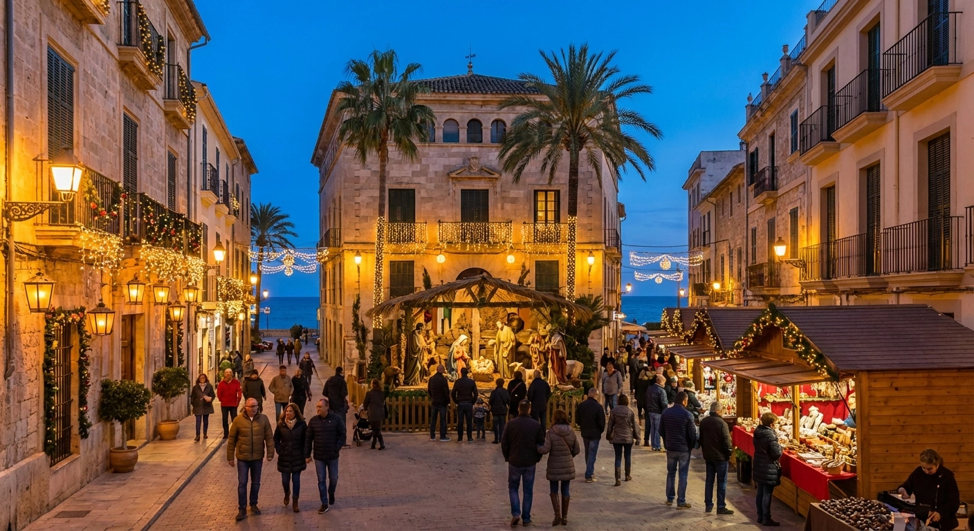 Julbelysning och dekorationer längs en gata i Alicante centrum under spansk jul, Costa Blanca
