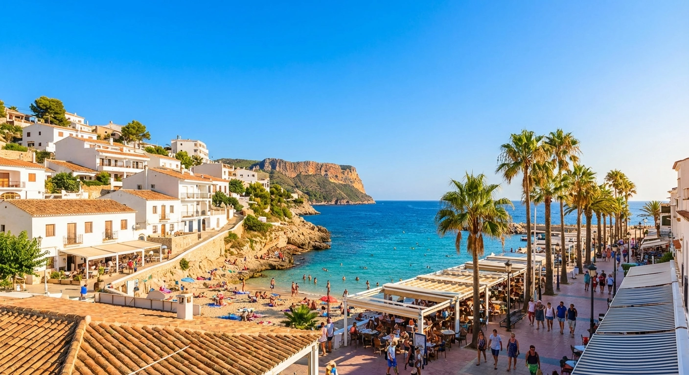 Costa Blanca i vårsol med kustlinje, palmer och lugnt Medelhav