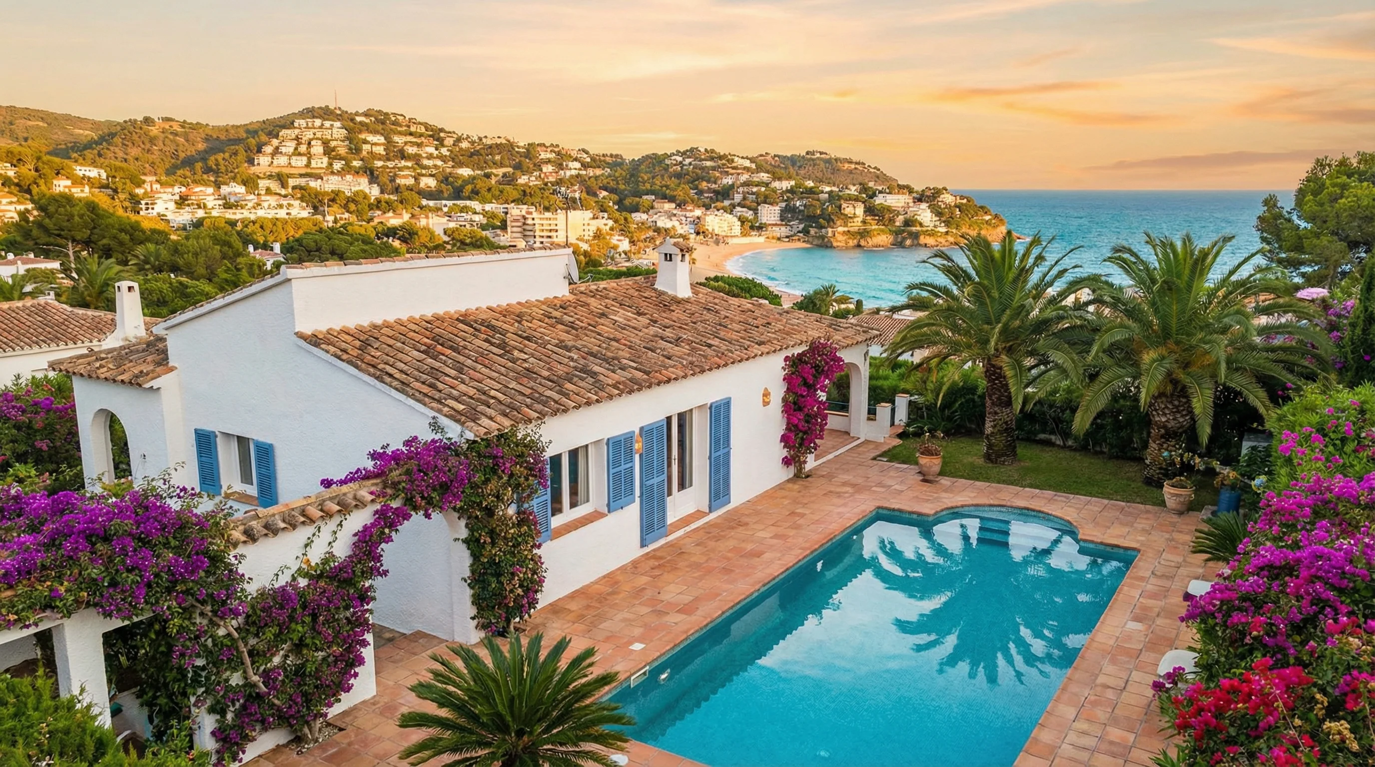 Vit spansk medelhavsvilla med pool och bougainvillea i solnedgång, Costa Blanca, Spanien