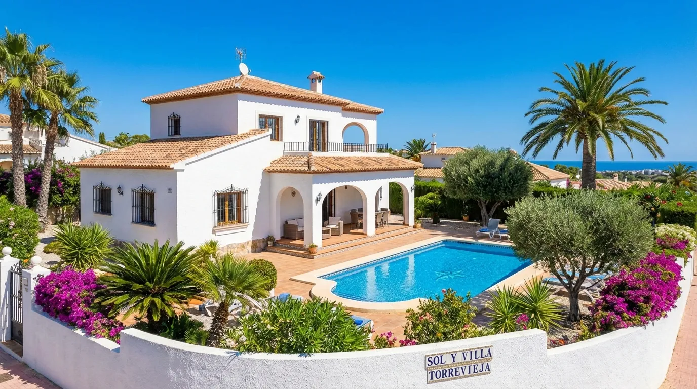 Vit spansk villa med pool och tropisk tradgard i Torrevieja, Costa Blanca, Spanien