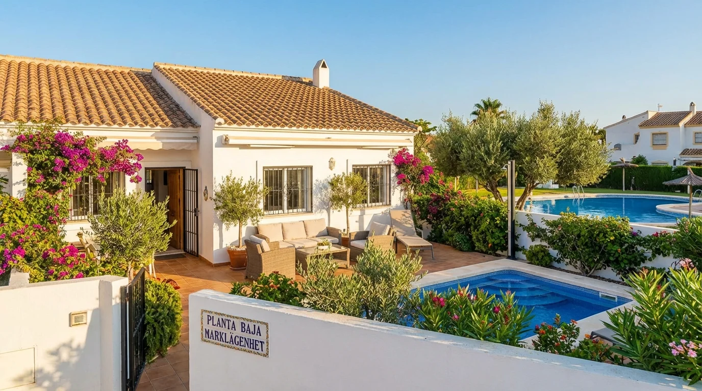 Vit marklägenhet med privat terrass och trädgård i spansk urbanización, Costa Blanca