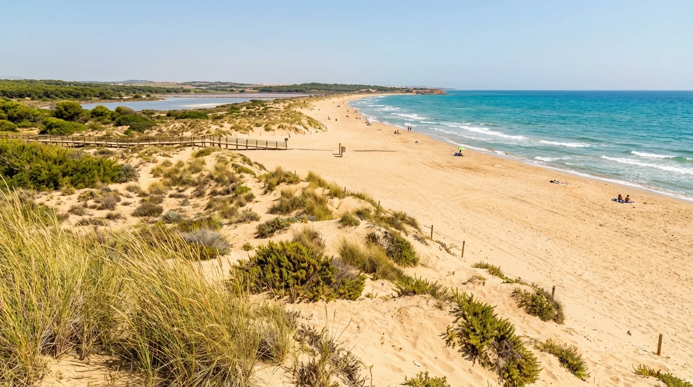 La Matas långa sandstrand med dyner och naturlig vegetation, Medelhavet i bakgrunden, Torrevieja, Costa Blanca, Spanien