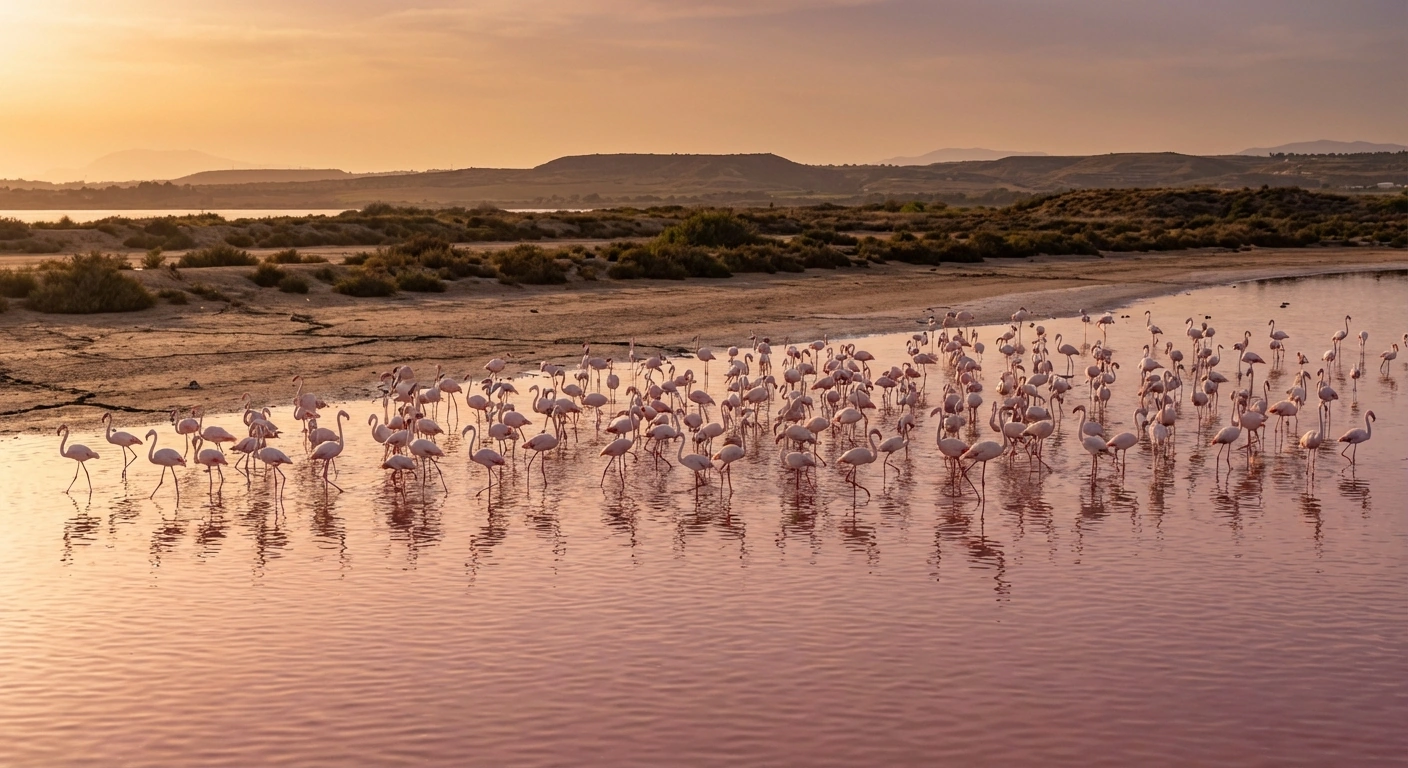Laguna Rosa i Torrevieja med rosa vatten, saltkanter och naturparken runt sjön, Costa Blanca