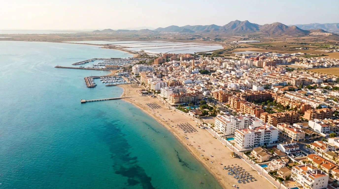 Los Alcázares strandpromenad vid Mar Menor med grunda turkosa vatten och palmer, Costa Cálida, Murcia, Spanien