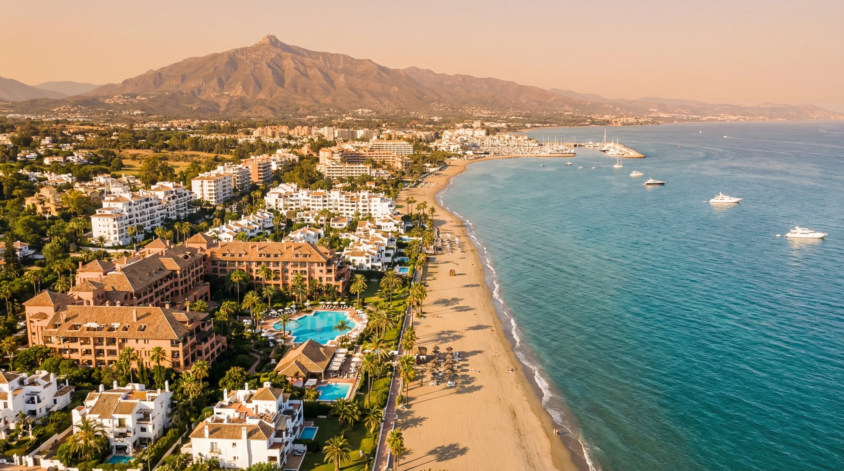 Flygvy över Marbellas Golden Mile med lyxiga strandhotell, turkost Medelhav och Sierra Blanca-bergen i bakgrunden, Costa del Sol, Spanien