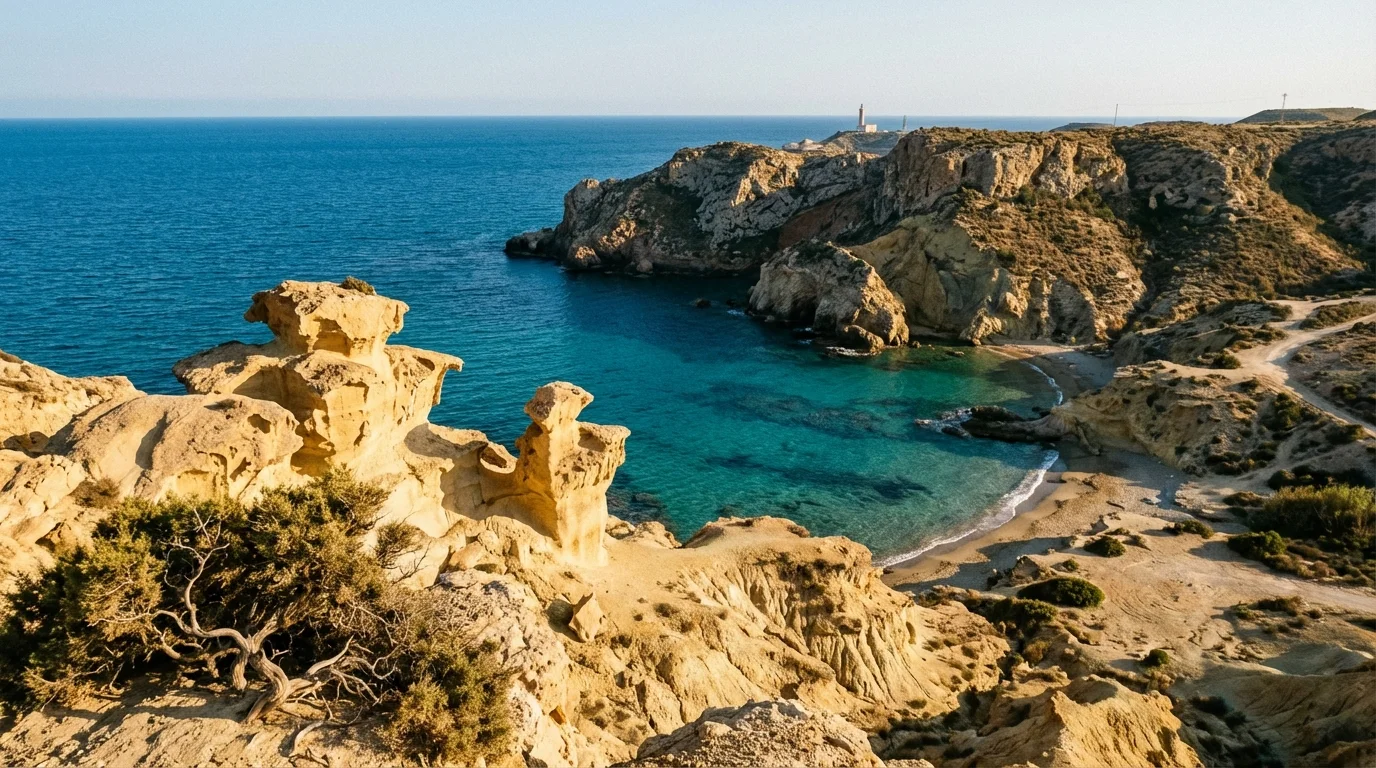 Vy över Puerto de Mazarrón med turkost Medelhav, fiskebåtar i hamnen och bergen i bakgrunden, Murcia, Spanien