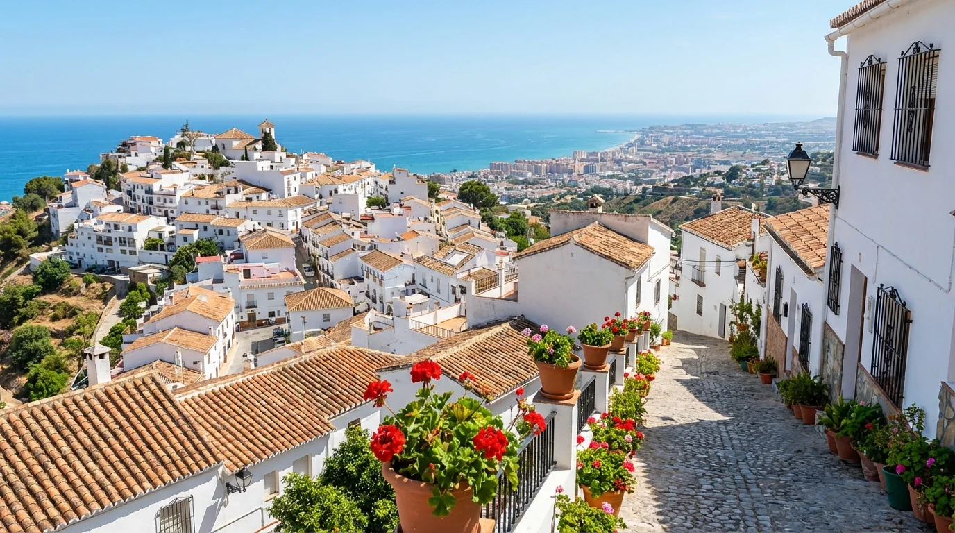 Vitkalkat hus med blå krukor och bougainvillea i Mijas Pueblo, utsikt över Medelhavet och Costa del Sol, Andalusien, Spanien