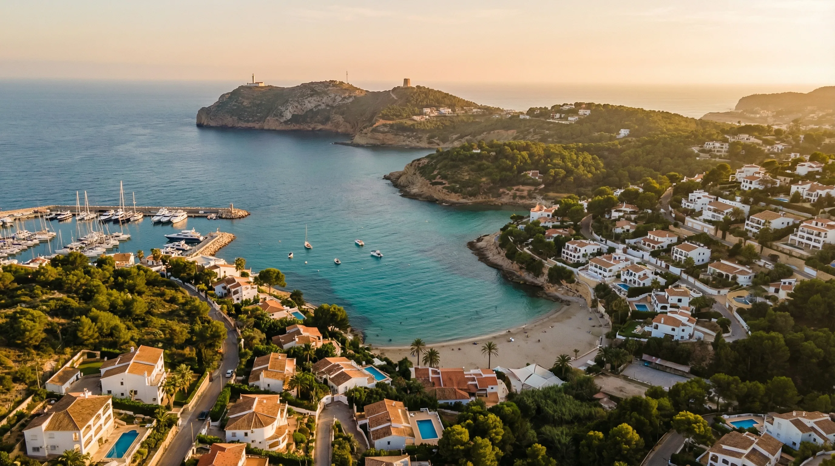 Morairas bukt med turkost Medelhavsvatten, vita villor med terrakottaröda tak på gröna kullar och Cap d'Or-udden i bakgrunden, Costa Blanca Nord