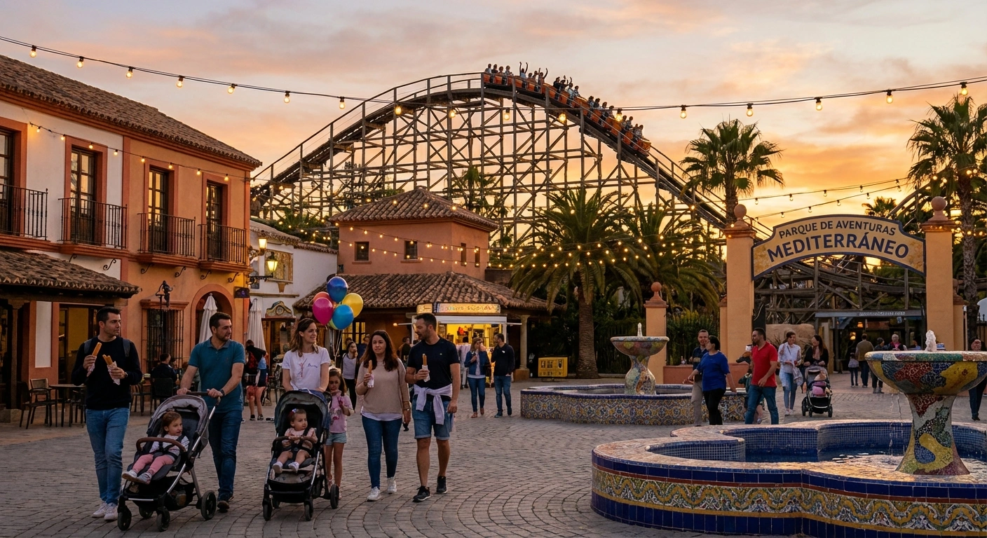 Berg-och-dalbana och parkområde i Spanien med palmträd, sol och familjer på Costa Blanca och i storstadsparker