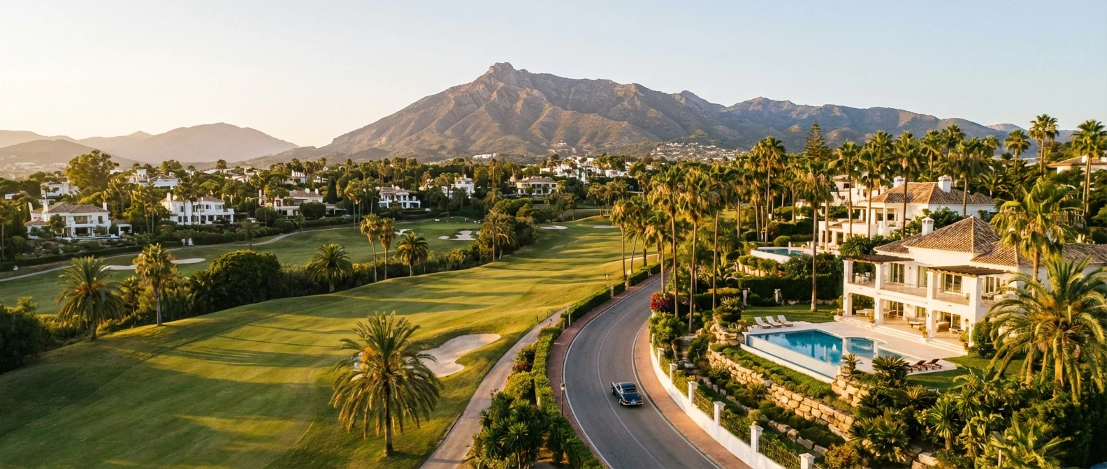 Nueva Andalucia i Marbella med golfbanor, villor, palmer och utsikt mot La Concha och Puerto Banus