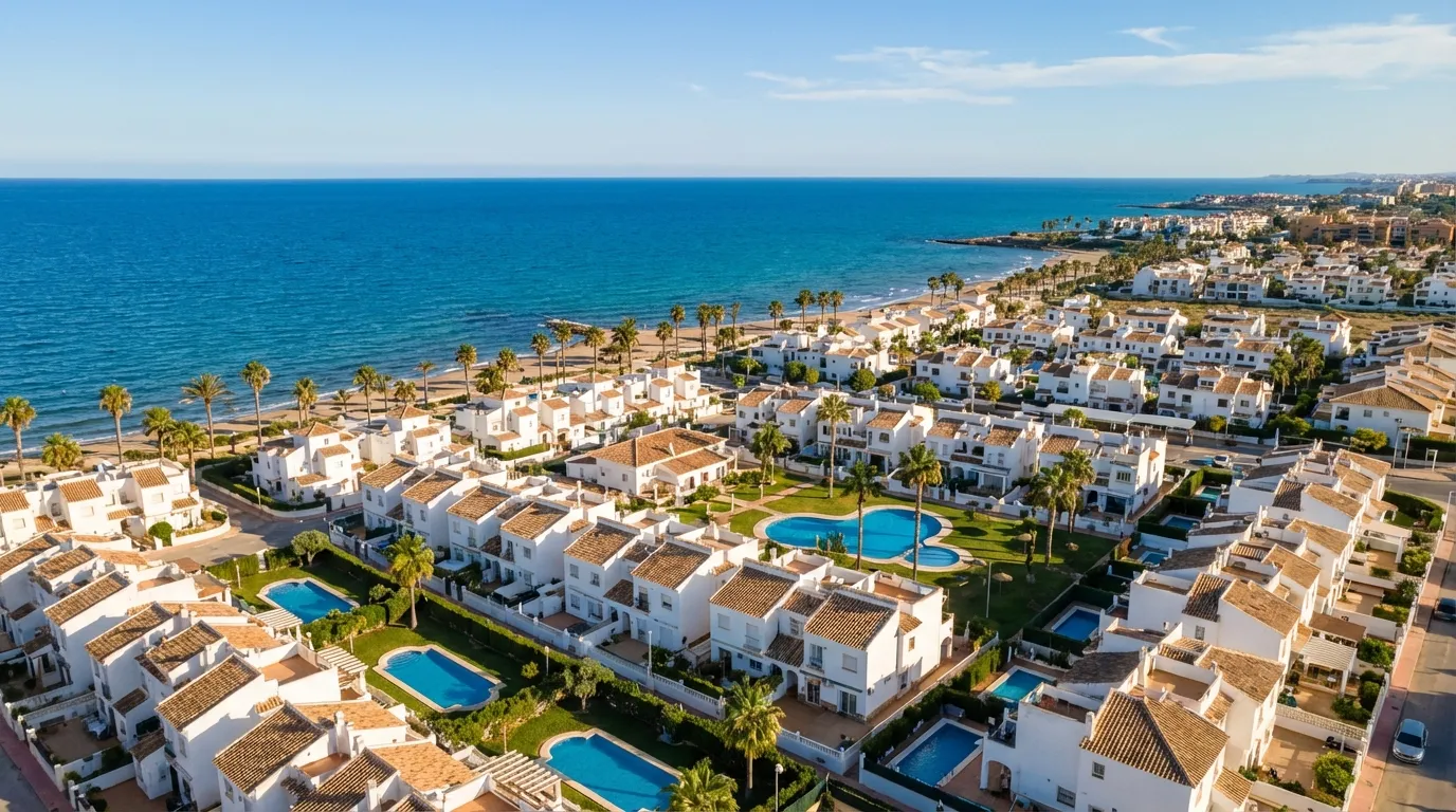 Kustmiljö i Orihuela Costa nära Cabo Roig med strandpromenad och Medelhavet i bakgrunden