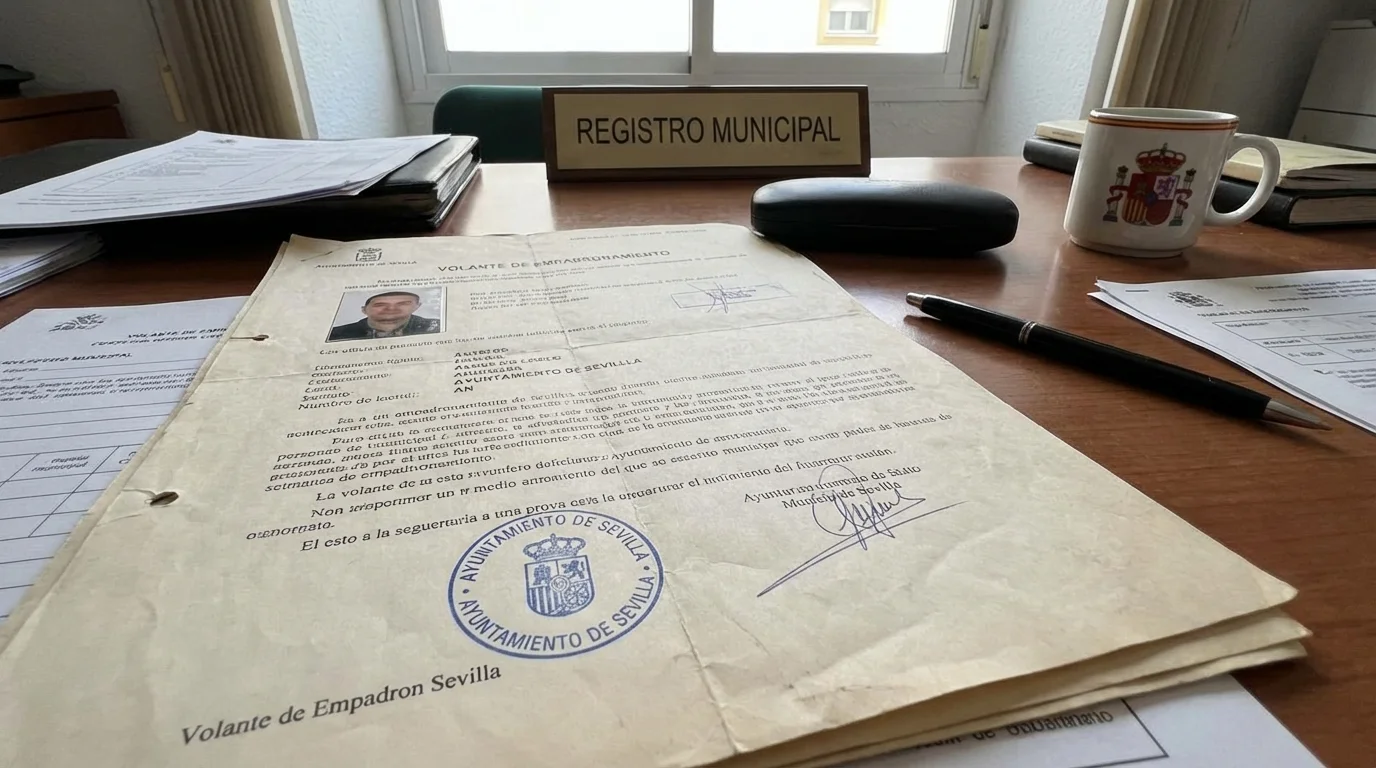 Certificado de empadronamiento-dokument på ett skrivbord vid ayuntamiento i Torrevieja, Spanien