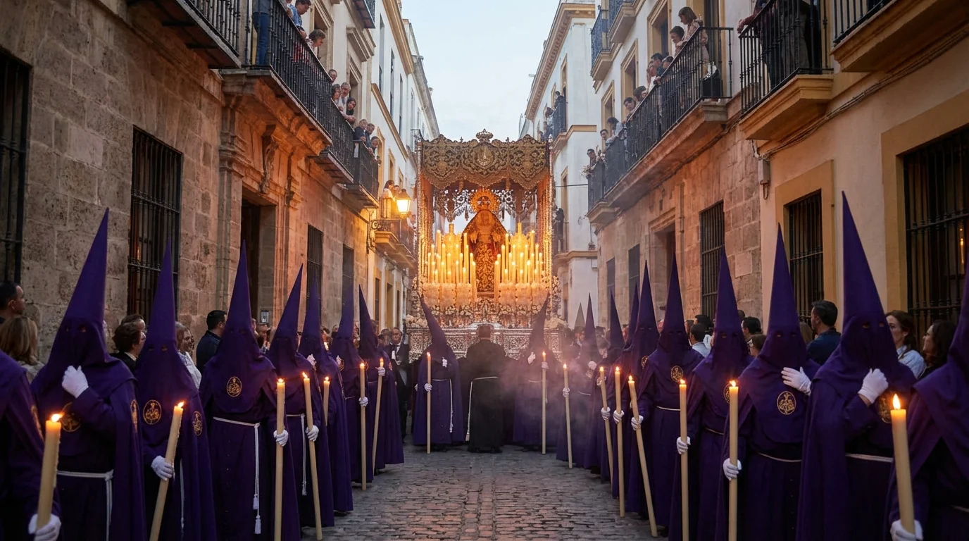Semana Santa-procession med nazarenos i färgglada kåpor bär ett paso genom en spansk gata