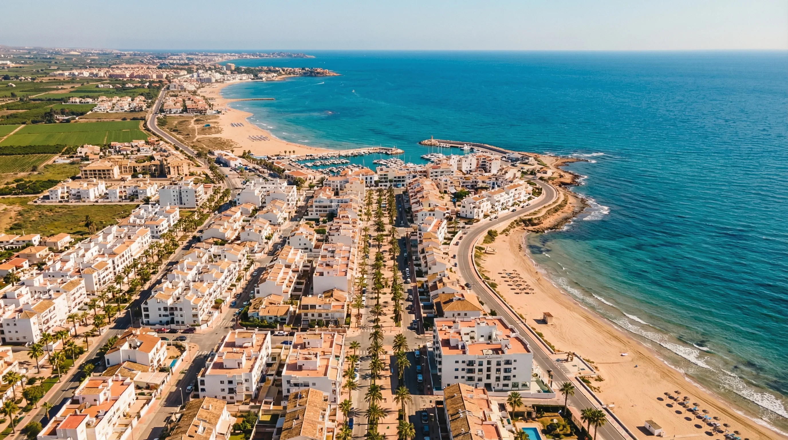 Flygvy över Pilar de la Horadada med vita medelhavsbyggnader, palmklädda gator och blått hav längs Costa Blanca