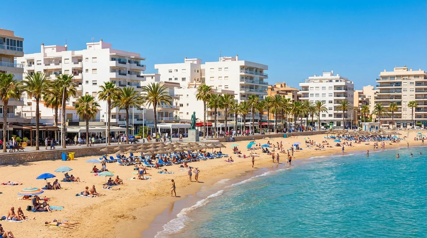 Playa del Cura stadsstrand med gyllene sand och strandpromenad, centrala Torrevieja, Costa Blanca, Spanien