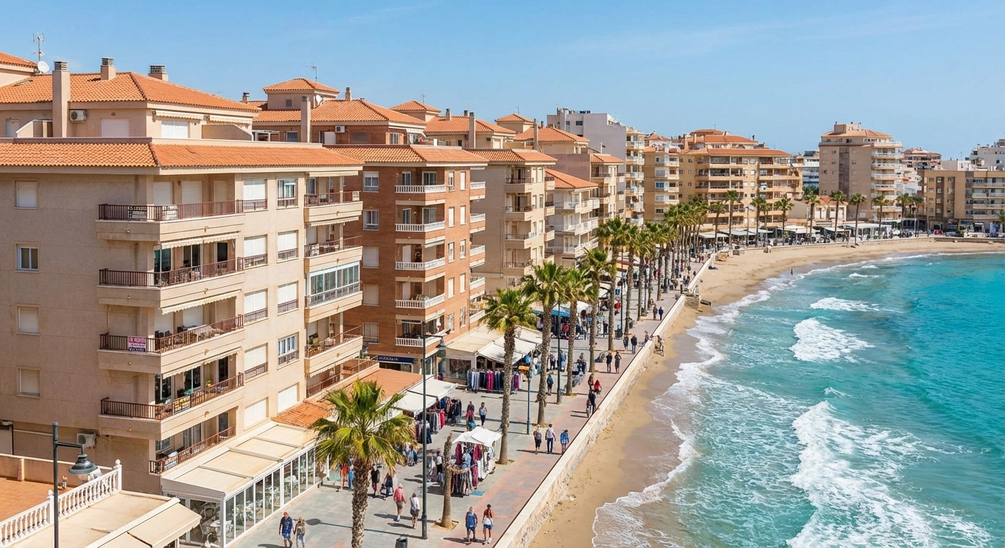 Bostadsområden i Torrevieja med strand, stadskvarter och olika prisnivåer från Centro till La Mata och Punta Prima