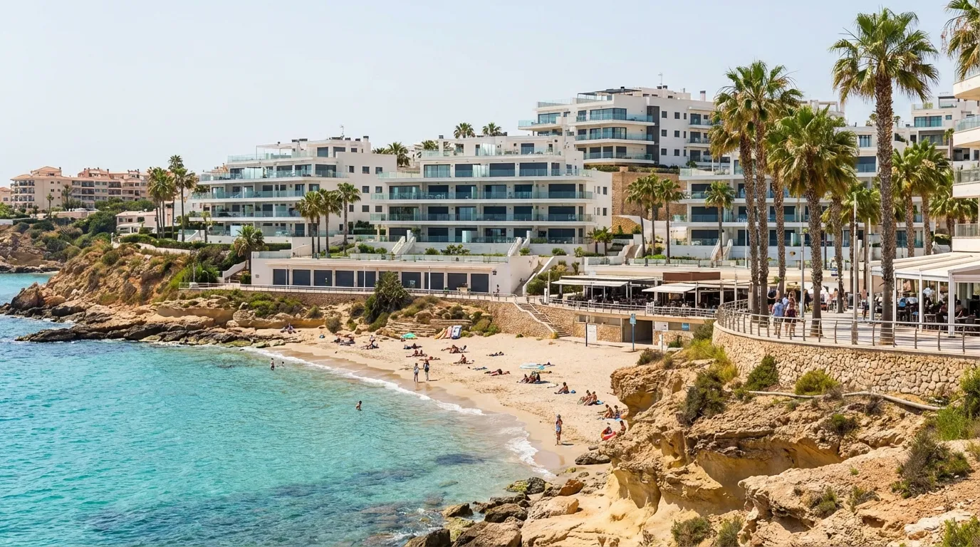 Punta Primas strand med turkost Medelhav, moderna vita bostadshus och palmer, Orihuela Costa, Spanien