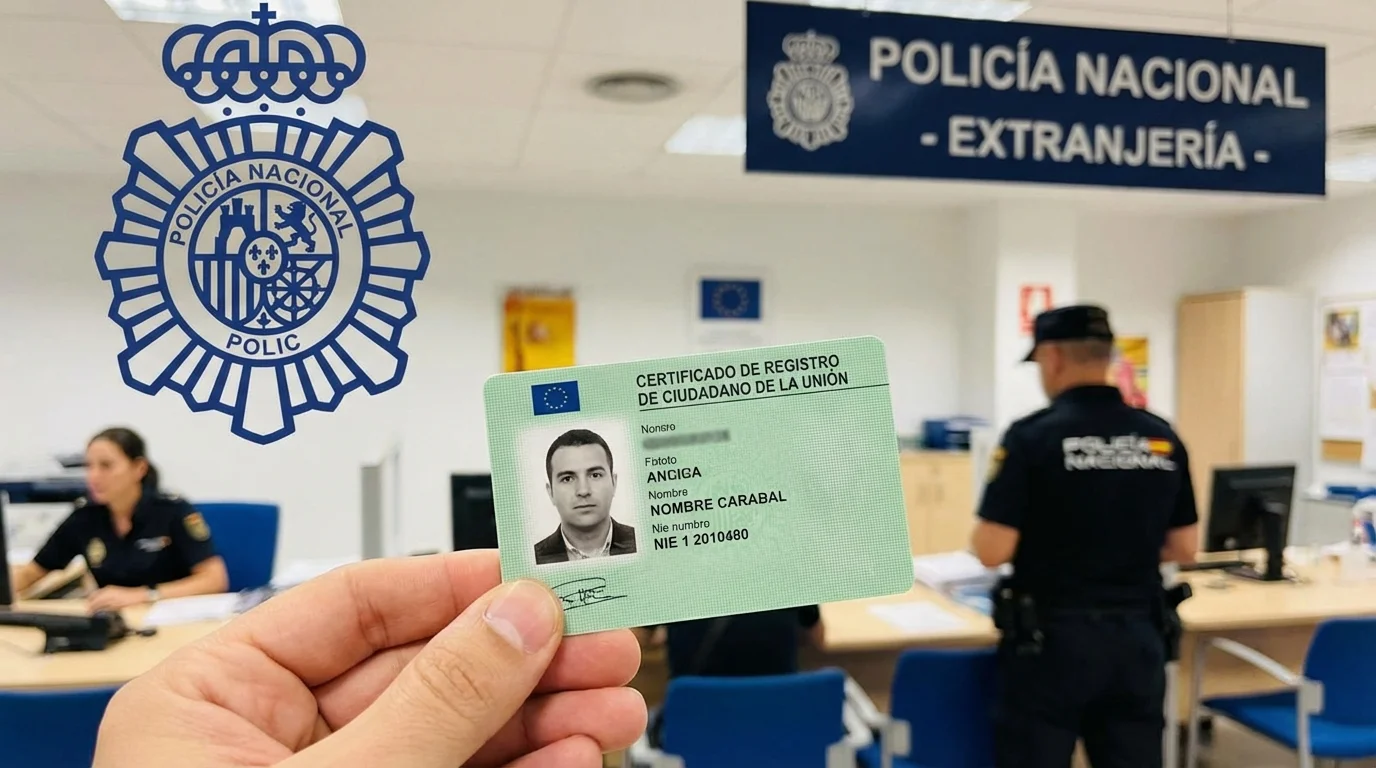 Svenskt par visar upp grönt registreringscertifikat utanför Oficina de Extranjeros, Alicante