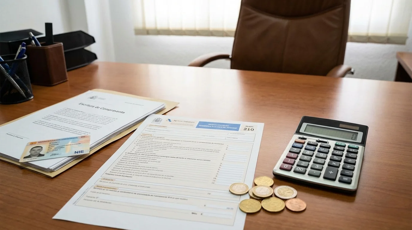 Spanska skattehandlingar och miniräknare på skrivbord med utsikt över Medelhavskusten, Costa Blanca